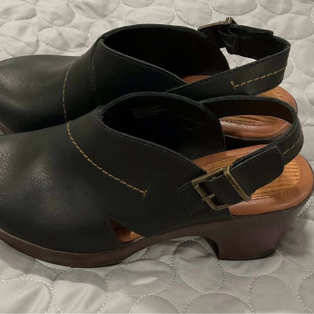 BOC Black Mules with Adjustable Strap and Wooden Heel size 9